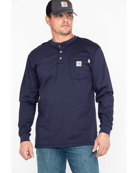 Carhartt Men's FR Henley Long Sleeve Work Shirt, Navy, hi-res
