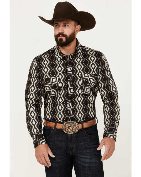 Rock & Roll Denim Men's Southwestern Print Long Sleeve Snap Stretch Western Shirt, Black, hi-res