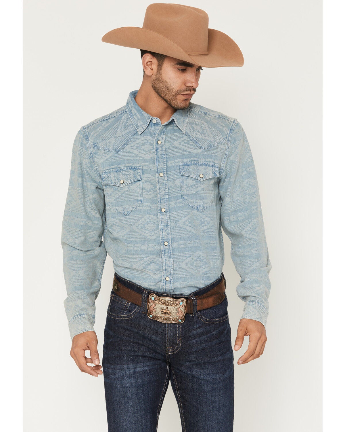 Cody James Men's Marley Tonal Southwestern Long Sleeve Snap Denim Western Shirt, Blue, hi-res