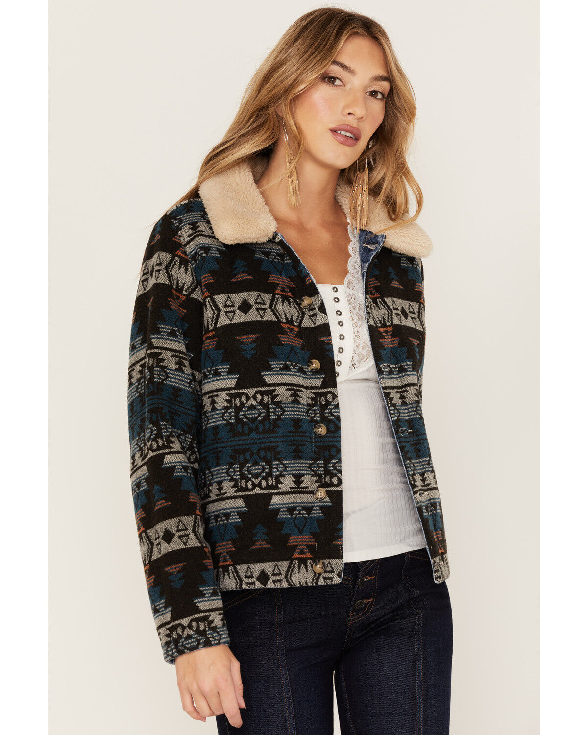 Image #2 - Idyllwind Women's Medium Wash Reversible Sherpa Blanket Denim Jacket, Dark Wash, hi-res
