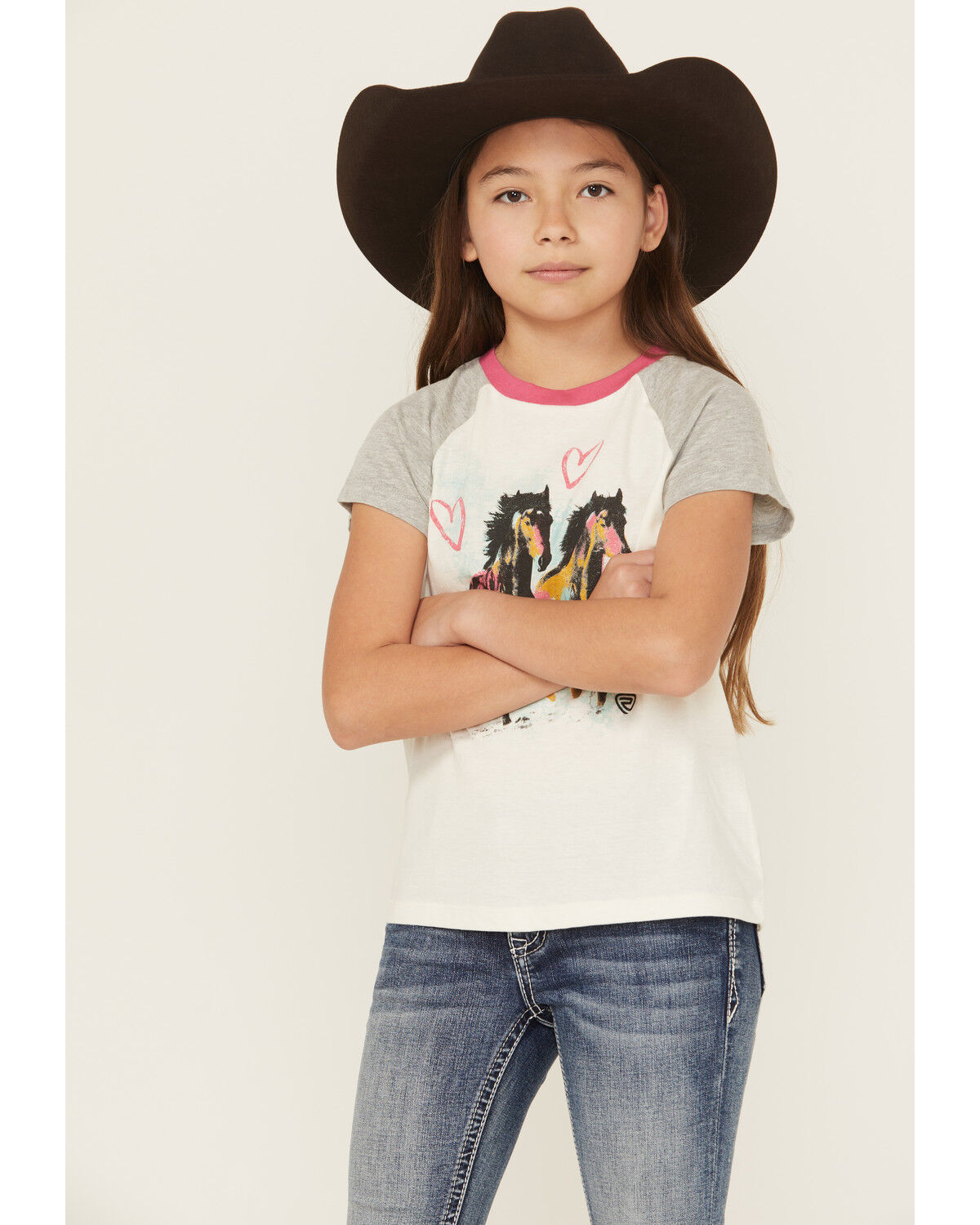 Image #1 - Rock & Roll Denim Girls' Horses Heart Short Sleeve Graphic Tee, Ivory, hi-res