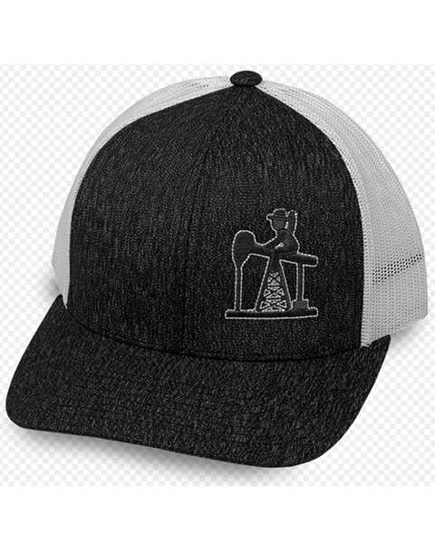 Oil Field Hats Men's Heather Black & White PJ Cowboy Stitch Fade Mesh-Back Ball Cap , Black, hi-res