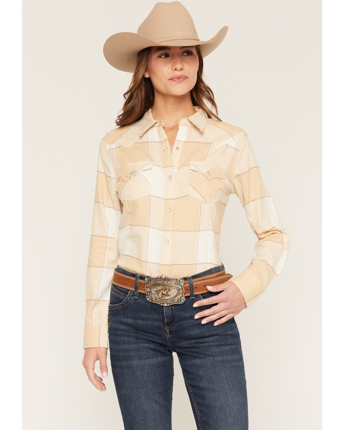 Wrangler Retro Women's Boot Barn Exclusive Plaid Print Long Sleeve Pearl Snap Flannel Shirt, Beige, hi-res