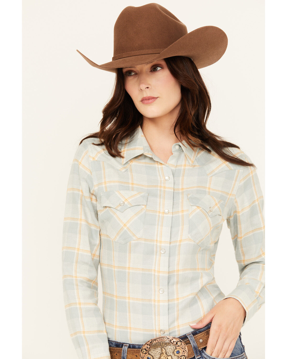 Image #2 - Wrangler Retro Women's Boot Barn Exclusive Plaid Print Long Sleeve Pearl Snap Western Shirt, Light Blue, hi-res