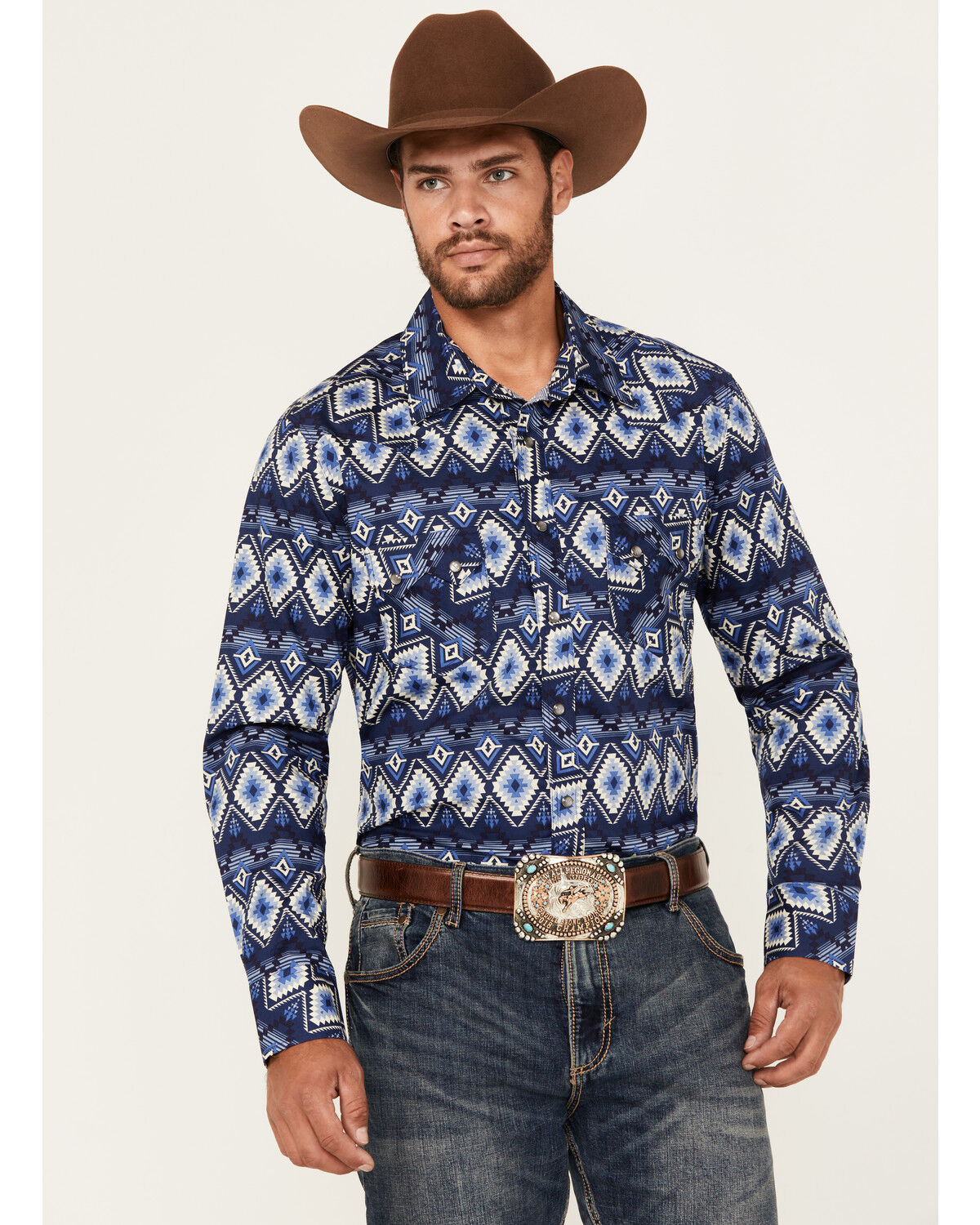 Image #1 - Rock & Roll Denim Men's Southwestern Print Long Sleeve Pearl Snap Stretch Western Shirt, Blue, hi-res