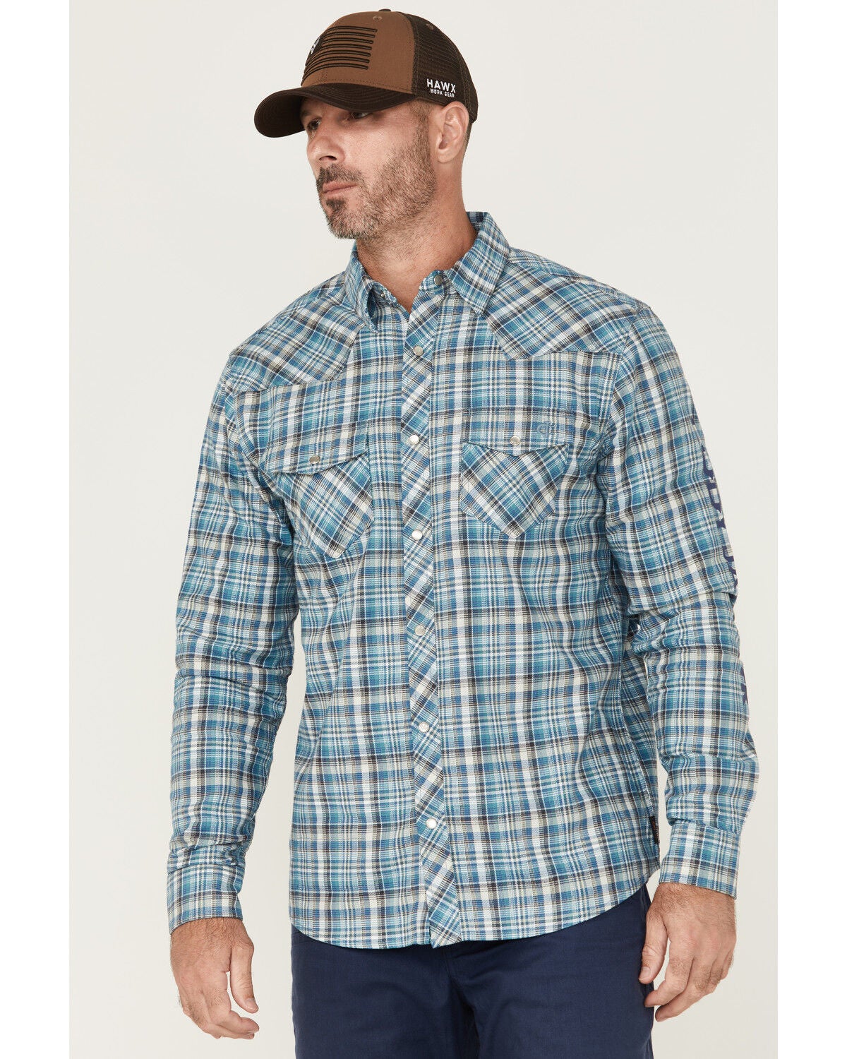 Cody James FR Men's Plaid Print Long Sleeve Pearl Snap Stretch Western Work Shirt, Green, hi-res