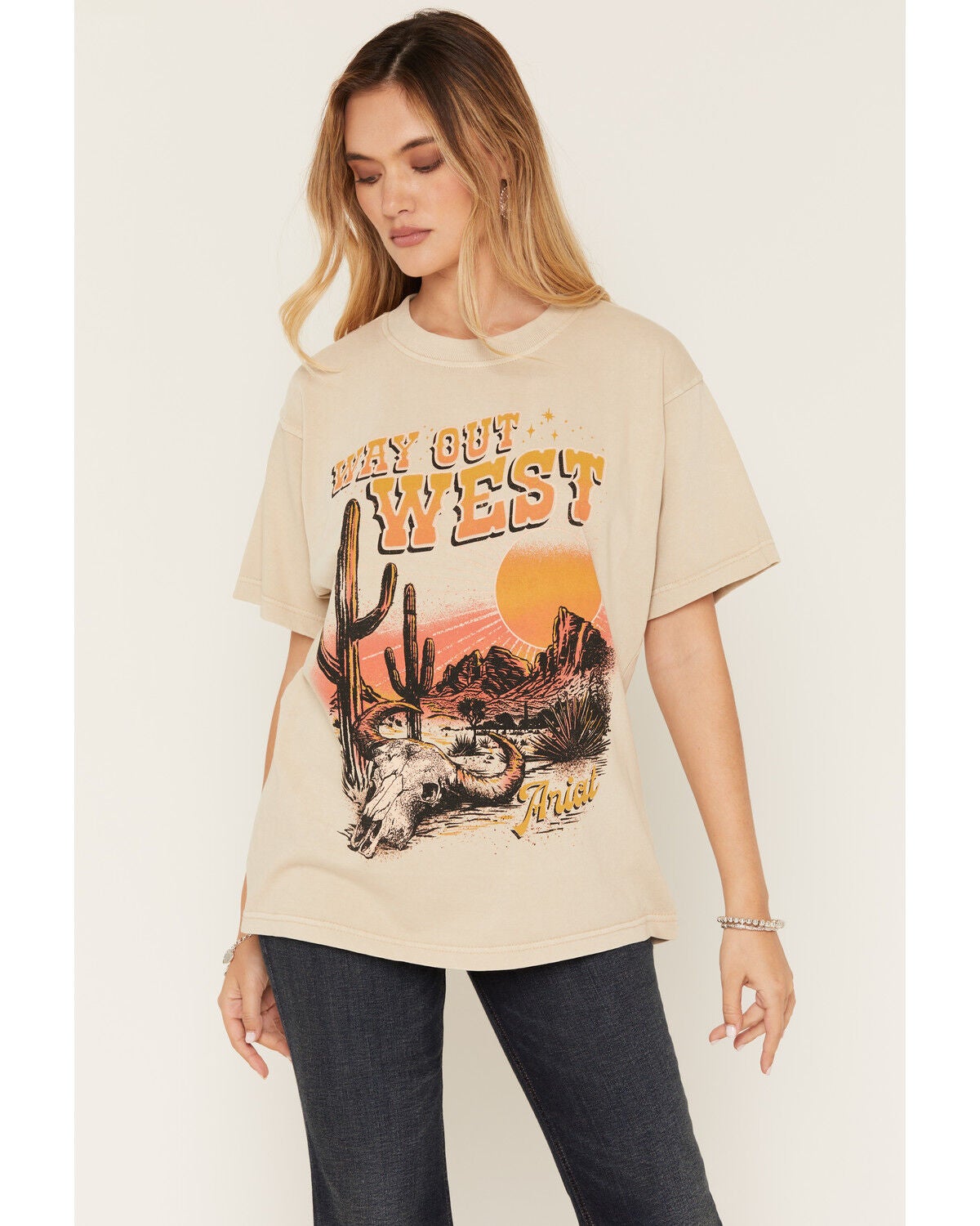 Ariat Women's Way Out West Short Sleeve Graphic Tee, Tan, hi-res