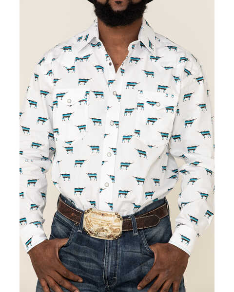 Image #3 - Rough Stock By Panhandle Men's El Toro Bull Geo Print Long Sleeve Western Shirt , White, hi-res