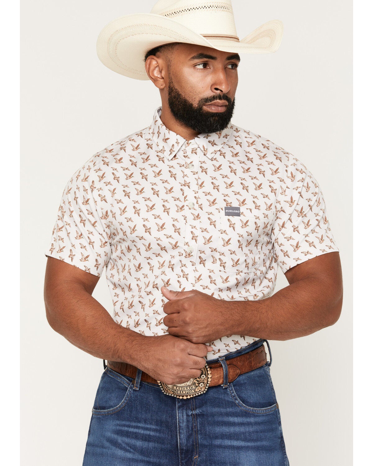 Image #1 - Burlebo Men's Mallard Flying Duck Print Short Sleeve Button-Down Performance Western Shirt, Cream, hi-res