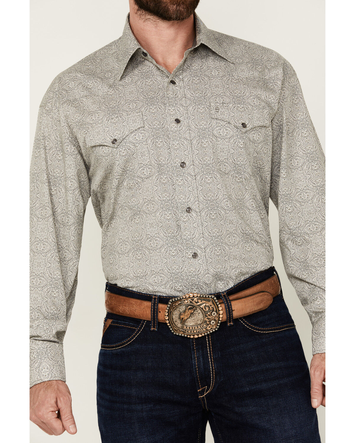 Image #3 - Stetson Men's Medallion Print Long Sleeve Snap Western Shirt, Grey, hi-res