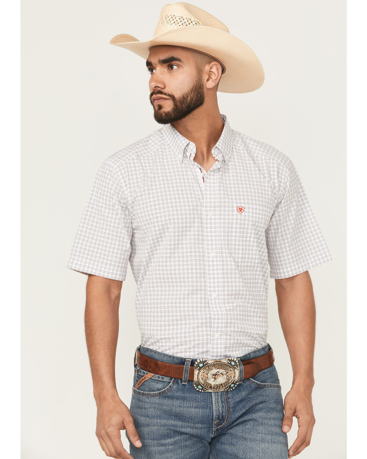 Image #1 - Ariat Men's Pro Series Woody Plaid Print Short Sleeve Button-Down Western Shirt - Big, White, hi-res