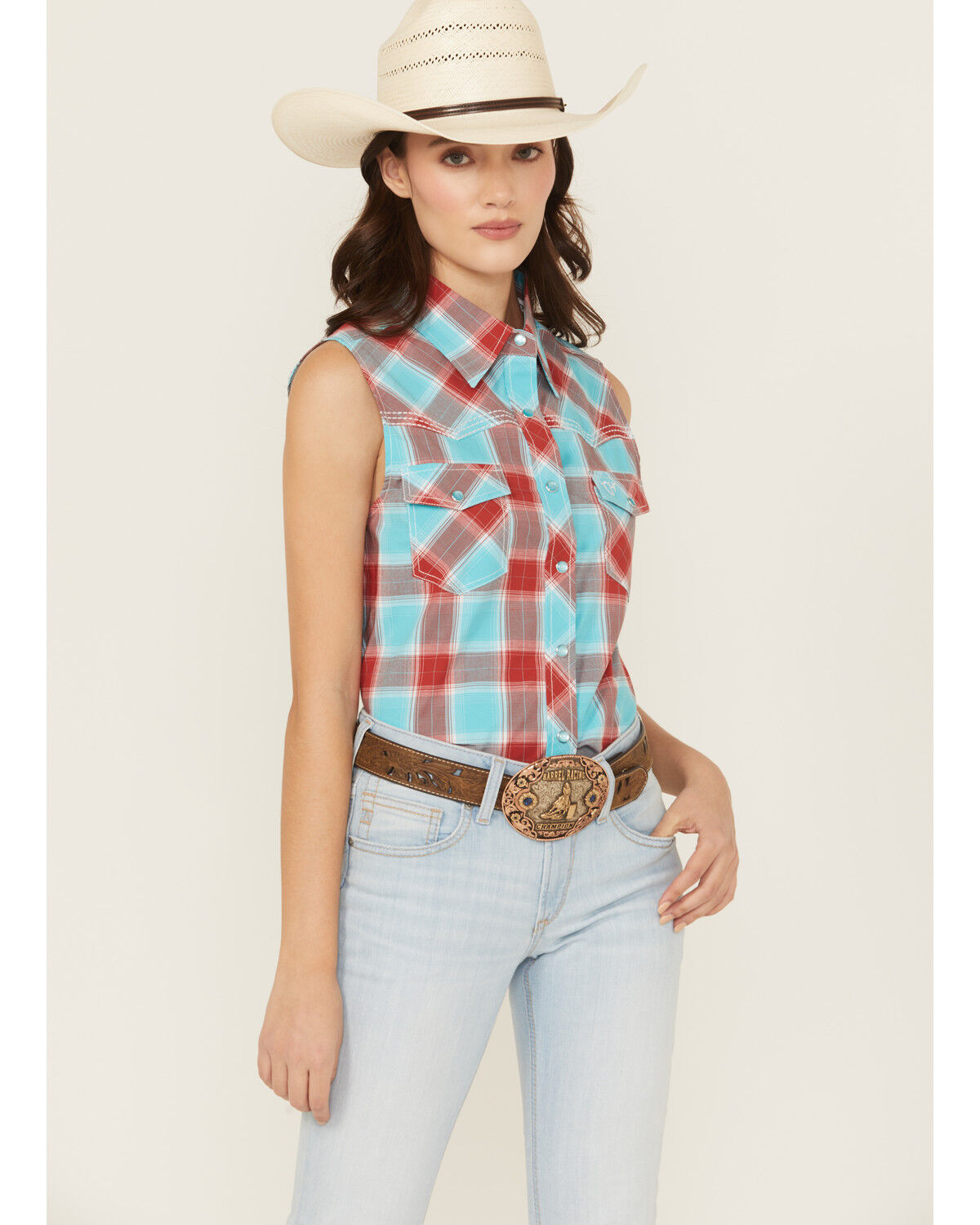 Image #1 - Cowgirl Hardware Women's Plaid Print Sleeveless Snap Stretch Western Shirt, Red, hi-res