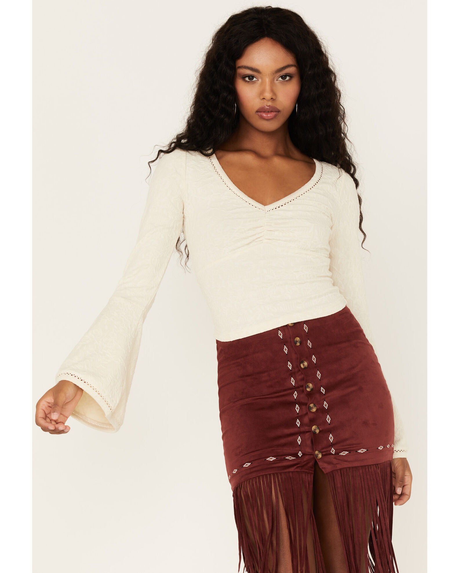 Image #1 - Shyanne Women's Deep V-Neck Bell Sleeve Crop Top, Cream, hi-res