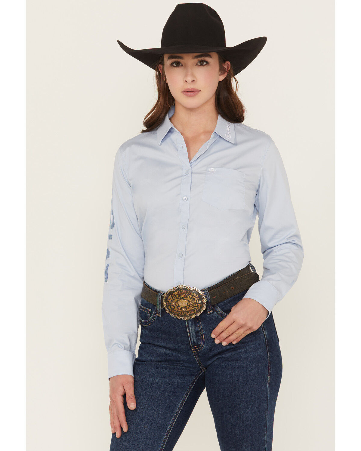 Image #1 - Ariat Women's Team Kirby Embroidered Long Sleeve Button-Down Stretch Western Shirt, Light Blue, hi-res