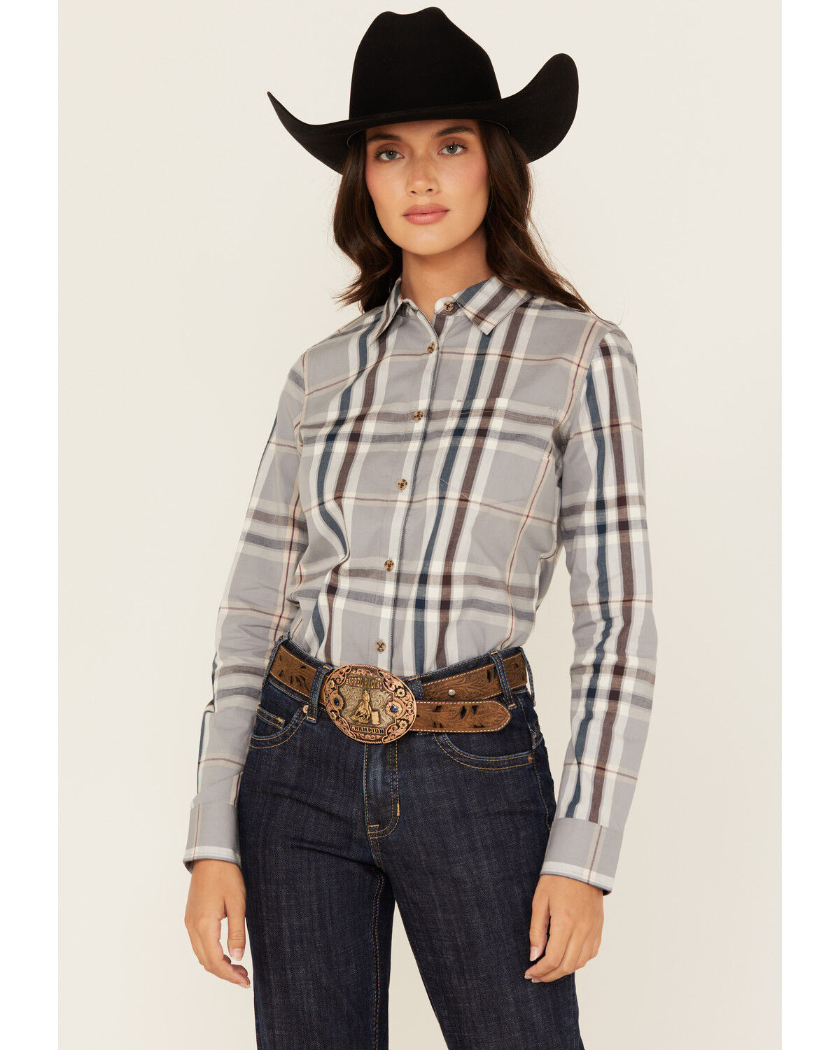 Image #1 - Shyanne Women's Plaid Print Long Sleeve Button-Down Stretch Western Shirt, Slate, hi-res
