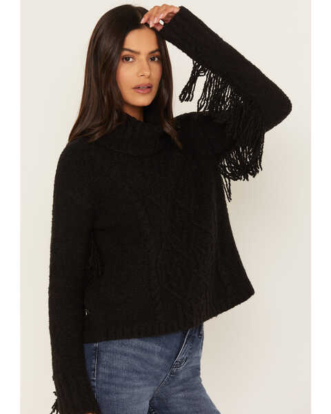 Shyanne Women's Cable Fringe Sweater , Black, hi-res