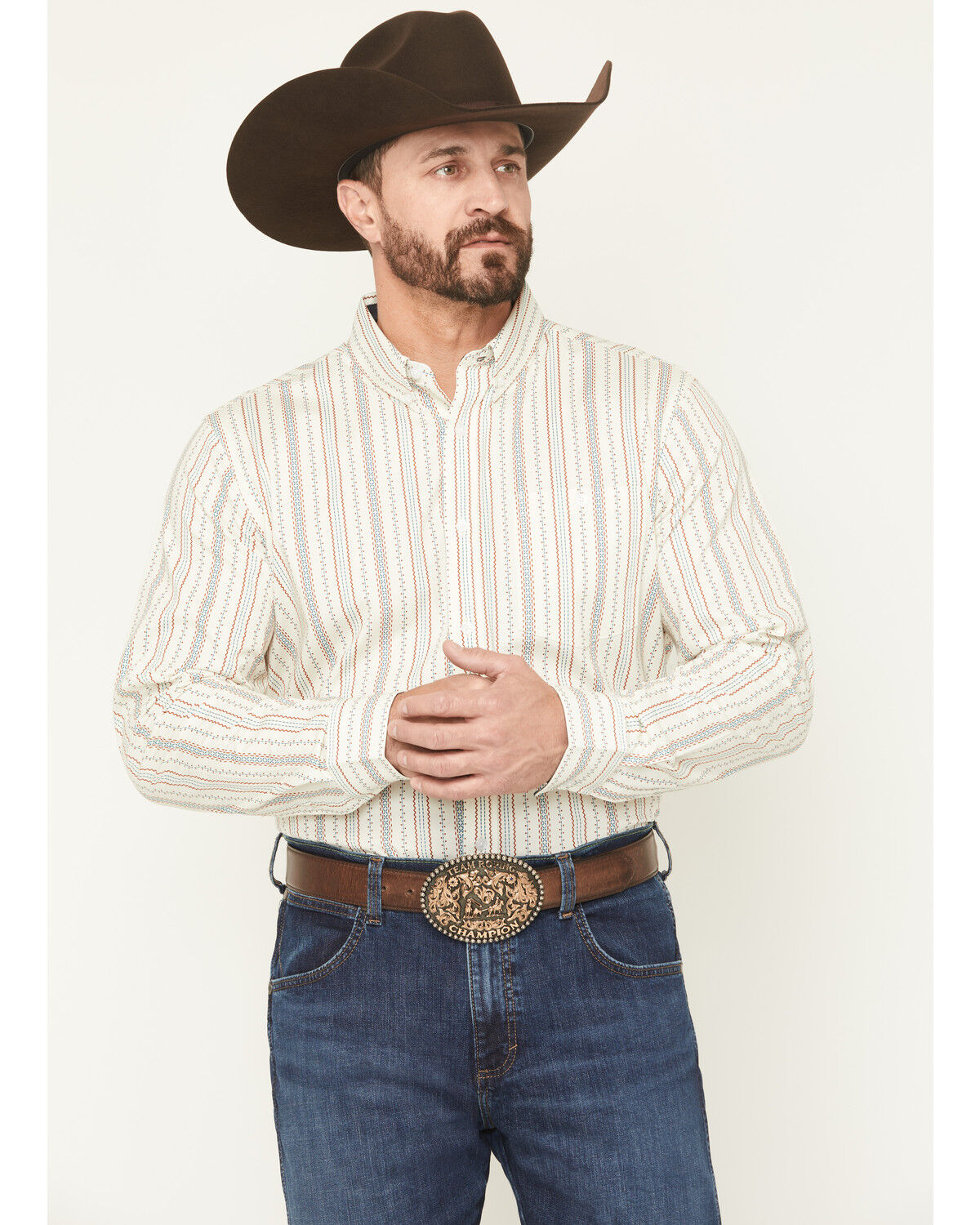 Image #1 - RANK 45® Men's Rocky Peak Striped Long Sleeve Button-Down Stretch Western Shirt, Cream, hi-res
