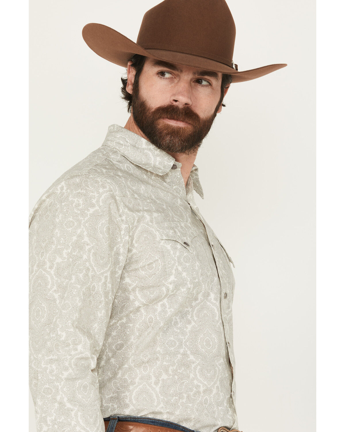 Image #2 - Stetson Men's Medallion Print Long Sleeve Pearl Snap Western Shirt, Light Grey, hi-res