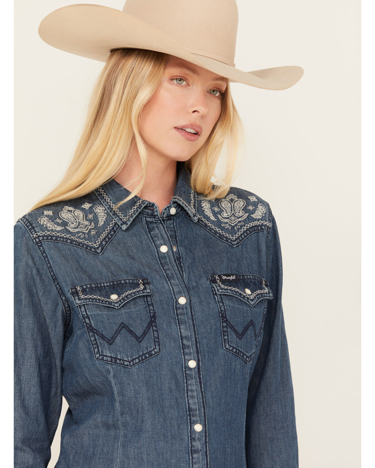 Image #2 - Wrangler Retro Women's Dark Wash Denim Embroidered Long Sleeve Western Shirt, Dark Wash, hi-res