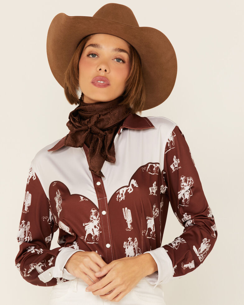 Ranch Dress'n Women's Rust Buckaroo Print Piped Yoke Long Sleeve Snap Western Core Shirt , Multi, hi-res