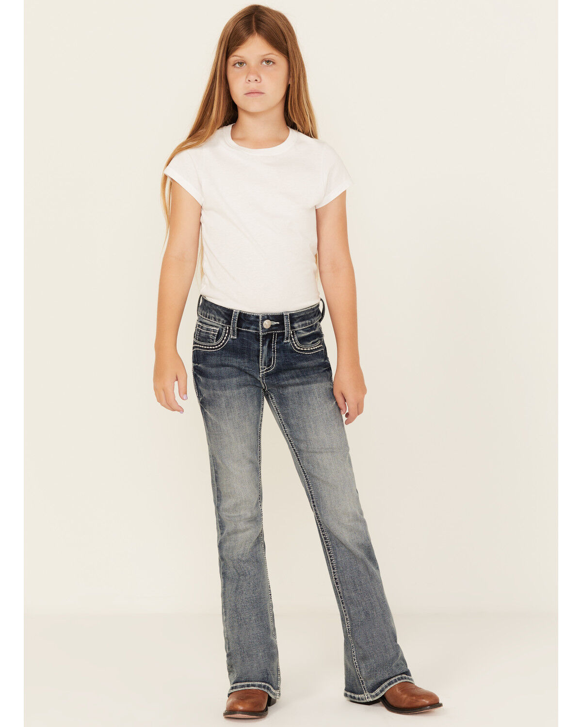 Image #3 - Grace In LA Girls' Dark Wash Fleur De Lis Bootcut Stretch Denim Jeans, Blue, hi-res