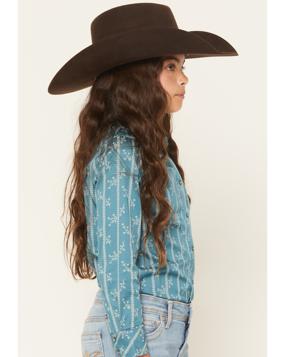 Image #2 - Shyanne Girls' Wallpaper Print Long Sleeve Snap Stretch Western Shirt, Turquoise, hi-res