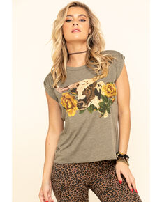 Rodeo Quincy Women's Libby Longhorn Rolled Cuff Tee  , Olive, hi-res