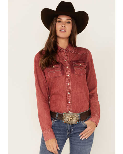 Kimes Ranch Women's Kaycee Denim Long Sleeve Snap Western Core Shirt , Burgundy, hi-res