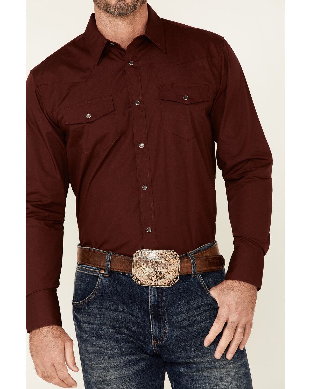 Image #3 - Gibson Men's Basic Solid Long Sleeve Pearl Snap Western Shirt - Big, Burgundy, hi-res