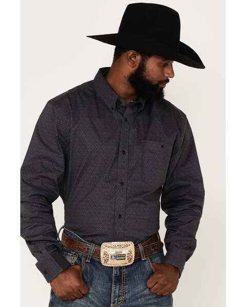 RANK 45 Men's Wayne Geo Print Long Sleeve Button Down Stretch Western Shirt, Grey, hi-res