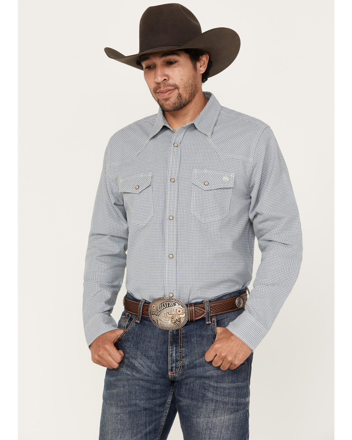 Image #1 - Blue Ranchwear Men's Plaid Print Long Sleeve Western Pearl Snap Shirt, Indigo, hi-res