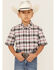 Roper Boys' Amarillo Plaid Print Short Sleeve Button Down Shirt, Black, hi-res