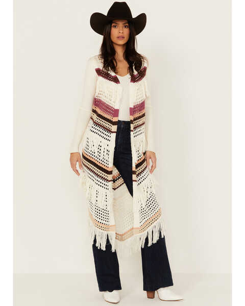 Shyanne Women's Long Striped Crochet Fringe Sweater Vest , Cream, hi-res
