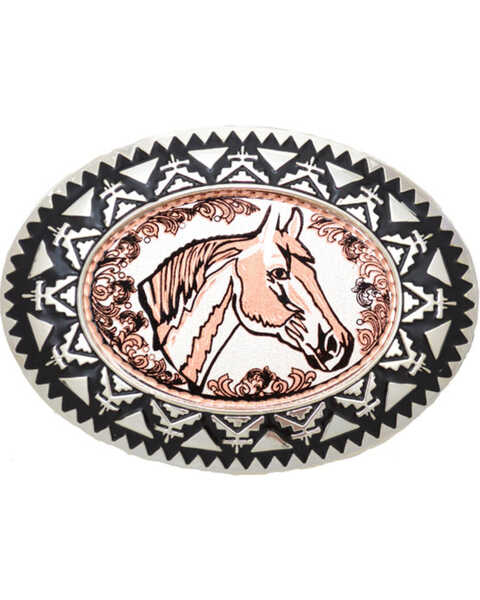 Image #1 - Western Express Men's Copper Horsehead with Filigree Belt Buckle , Rust Copper, hi-res