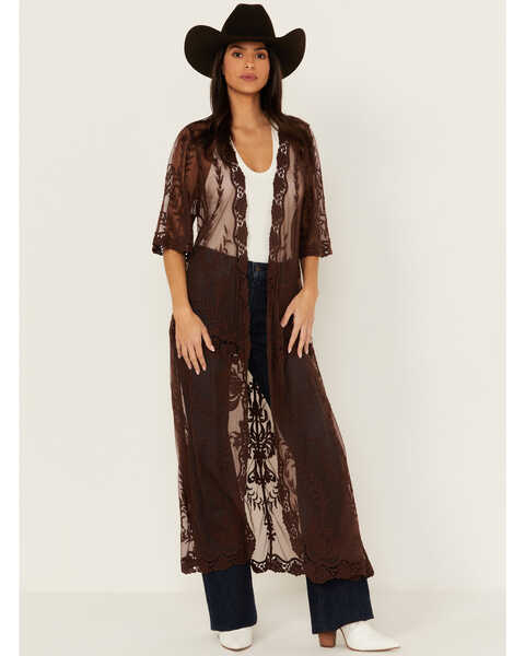 Shyanne Women's Long Knit Lace Kimono, Dark Brown, hi-res