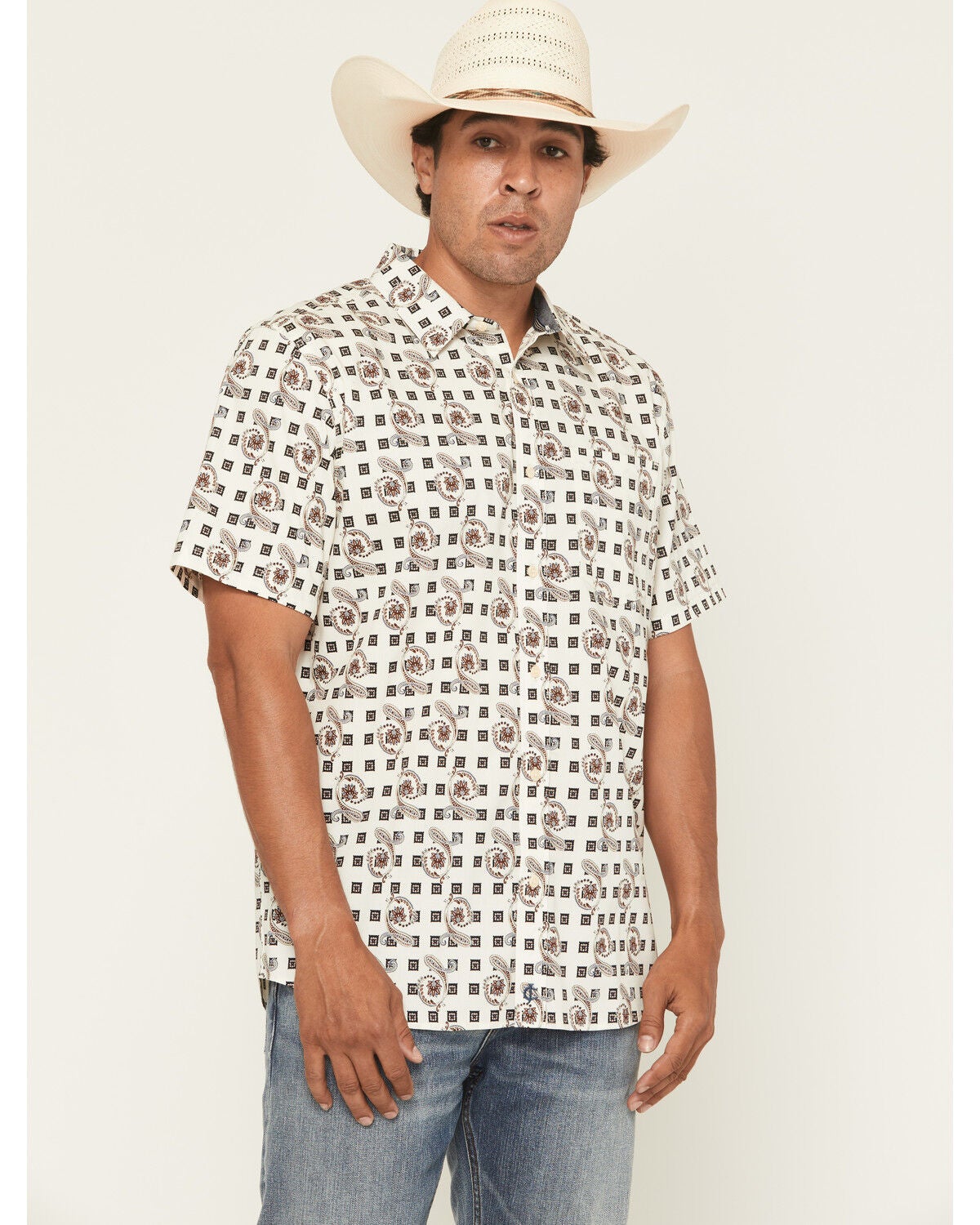 Cody James Men's Geo Paisley Print Short Sleeve Button-Down Stretch Western Shirt, Cream, hi-res