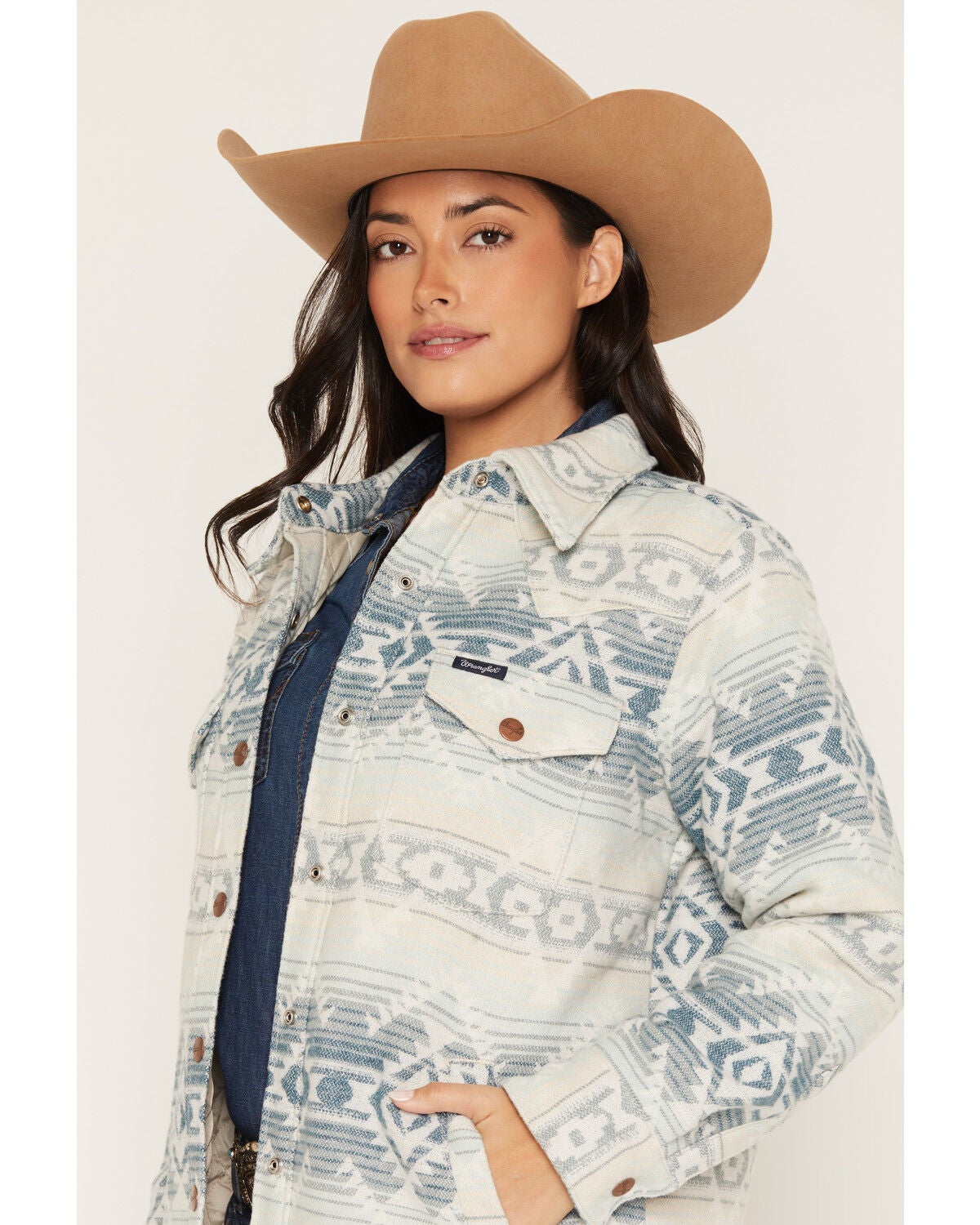 Image #2 - Wrangler Women's Southwestern Striped Lined Jacquard Shacket, Blue, hi-res