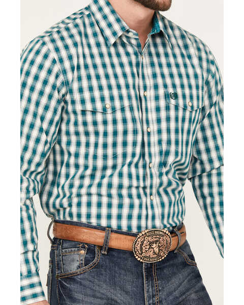 Image #3 - Panhandle Men's Select Checkered Print Long Sleeve Snap Western Shirt - Tall, Teal, hi-res