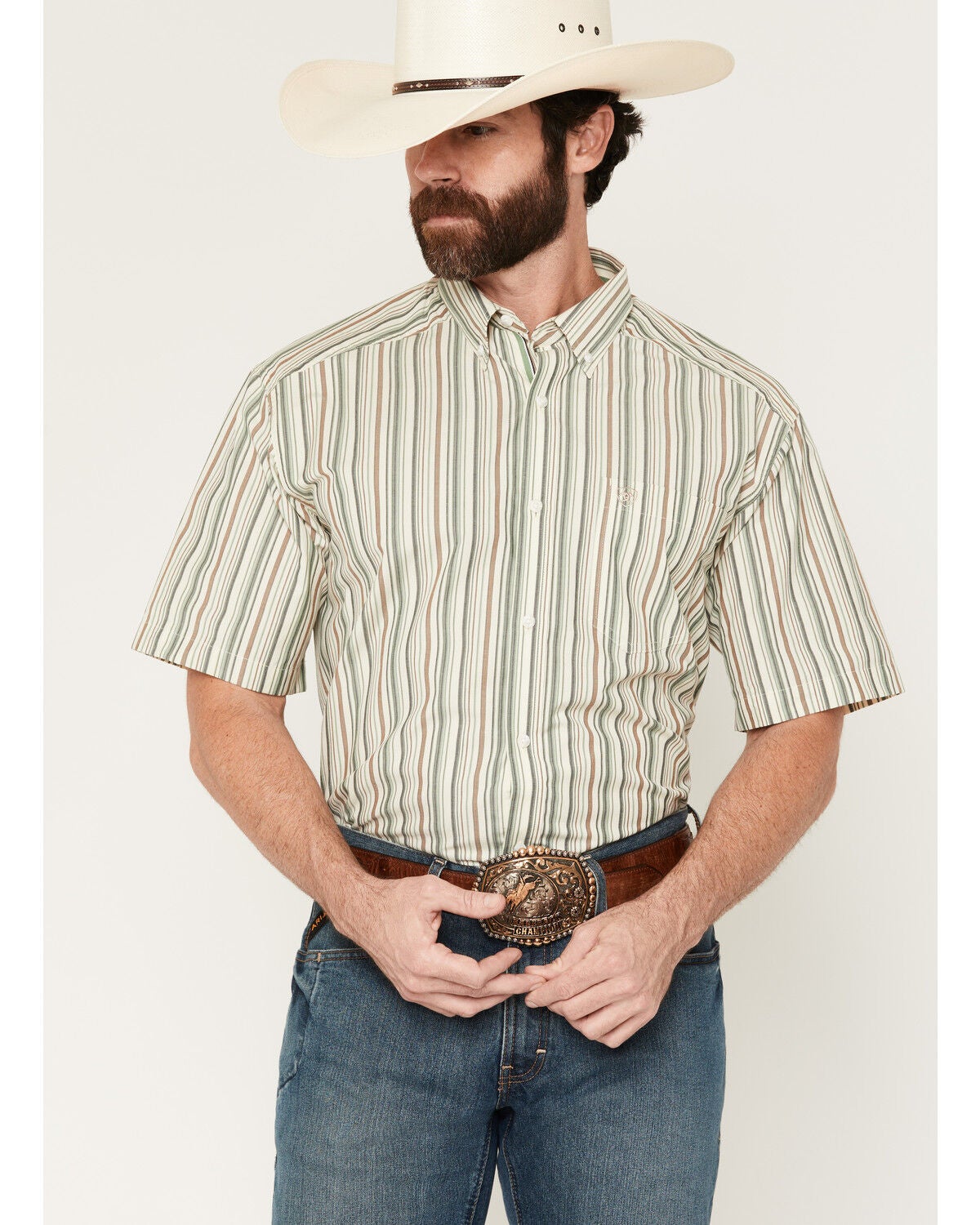 Image #1 - Ariat Men's Pro Series Stevie Striped Print Short Sleeve Button-Down Western Shirt, White, hi-res