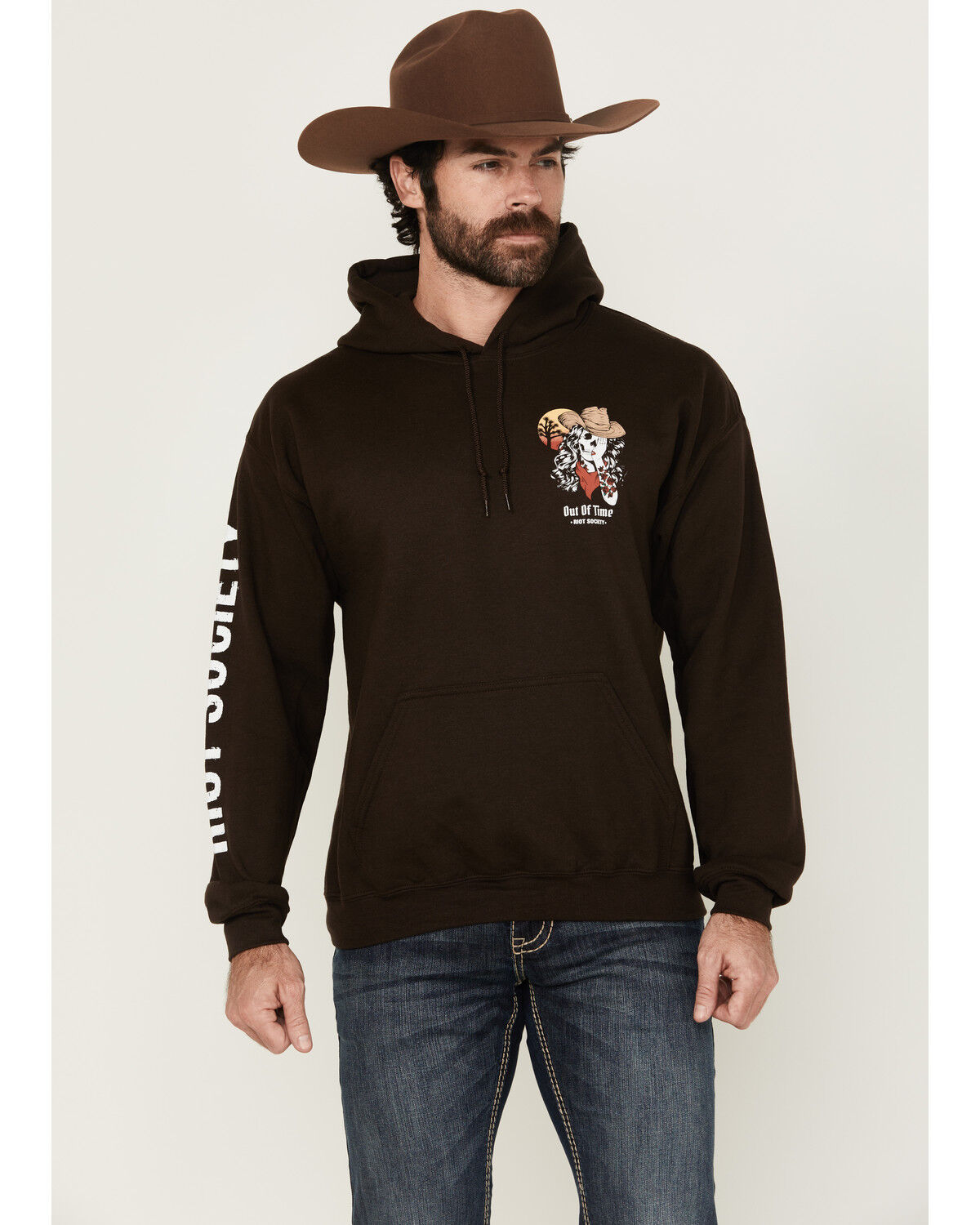 Image #1 - Riot Society Men's Boot Barn Exclusive Out of Time Cowgirl Graphic Hooded Sweatshirt, Dark Brown, hi-res