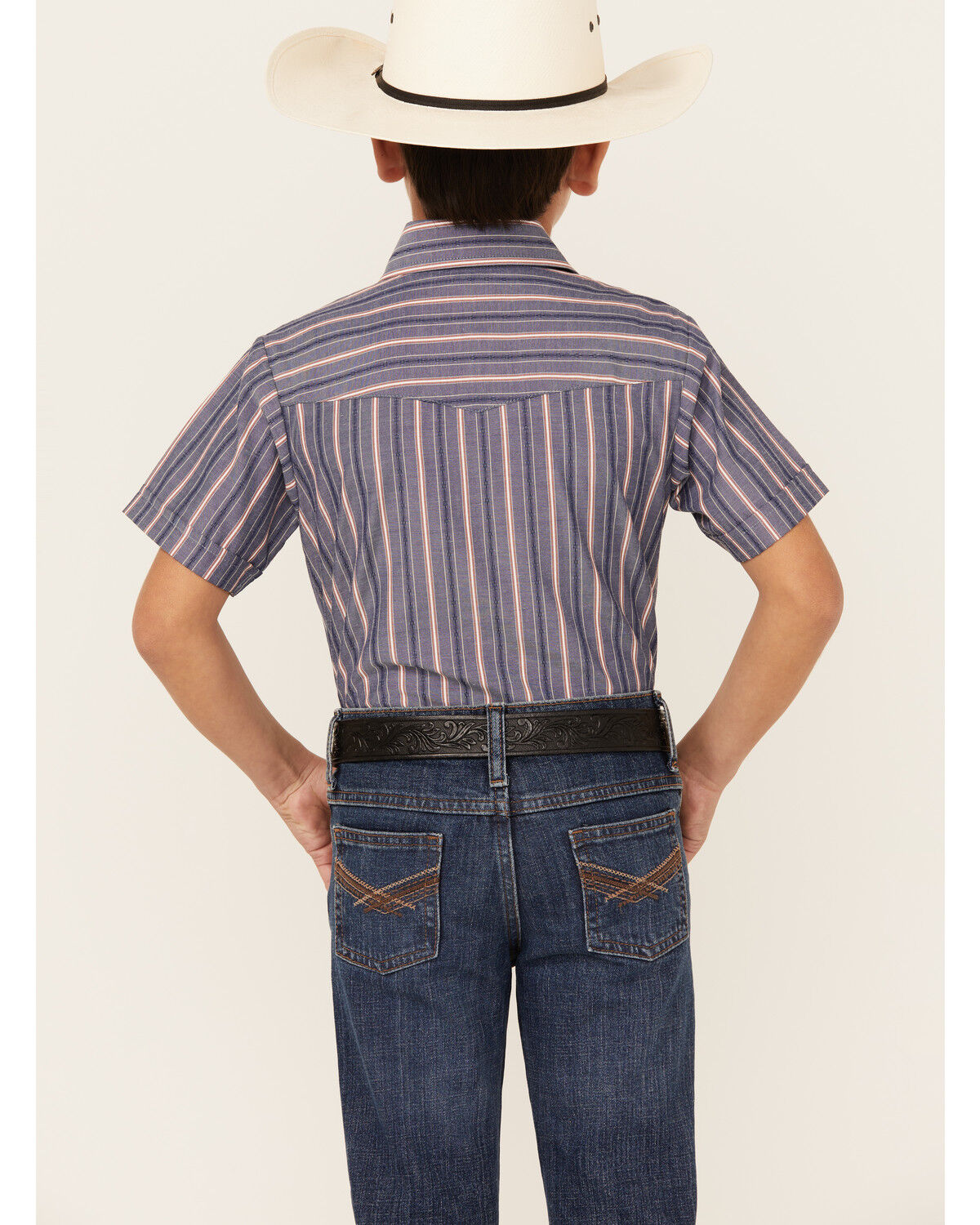 Image #4 - Ely Walker Boys' Dobby Striped Short Sleeve Pearl Snap Western Shirt, Blue, hi-res