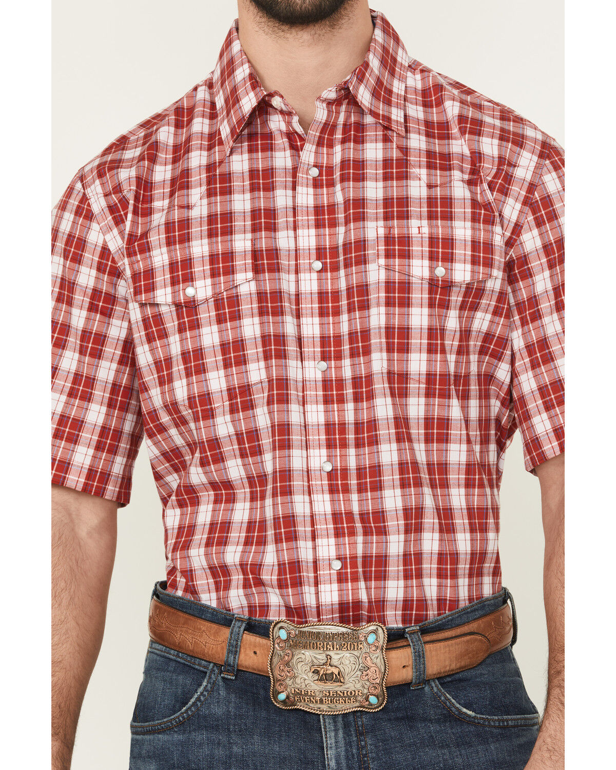 Image #3 - Wrangler Men's Wrinkle Free Plaid Print Short Sleeve Pearl Snap Stretch Western Shirt, Red, hi-res