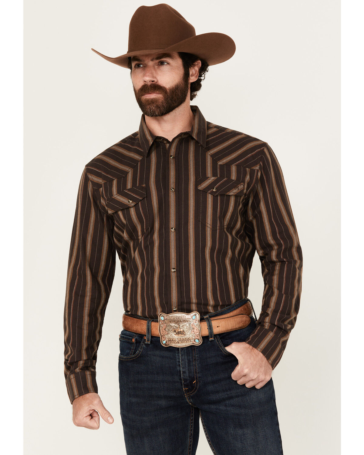 Image #1 - Blue Ranchwear Men's Aspen Striped Print Long Sleeve Snap Western Shirt, Dark Brown, hi-res