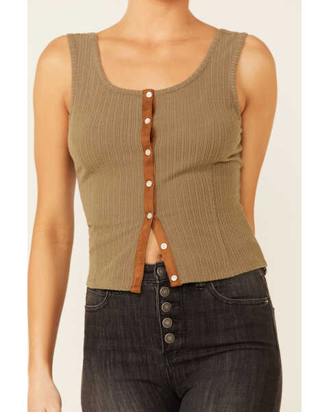 Image #3 - Shyanne Women's Ribbed Suede Placket Button-Down Tank Top , Olive, hi-res