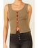 Shyanne Women's Olive Ribbed Suede Placket Button-Down Tank Top , Olive, hi-res