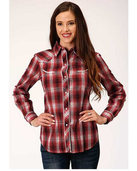 Roper Women's Plaid Print Contrast Piping Long Sleeve Western Snap Shirt, Red, hi-res