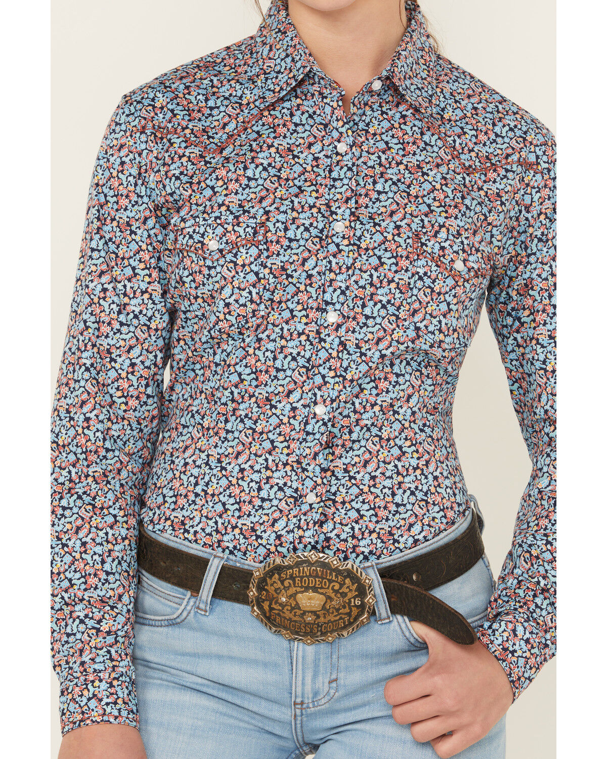 Image #3 - Panhandle Women's Printed Long Sleeve Pearl Snap Stretch Western Shirt, Navy, hi-res