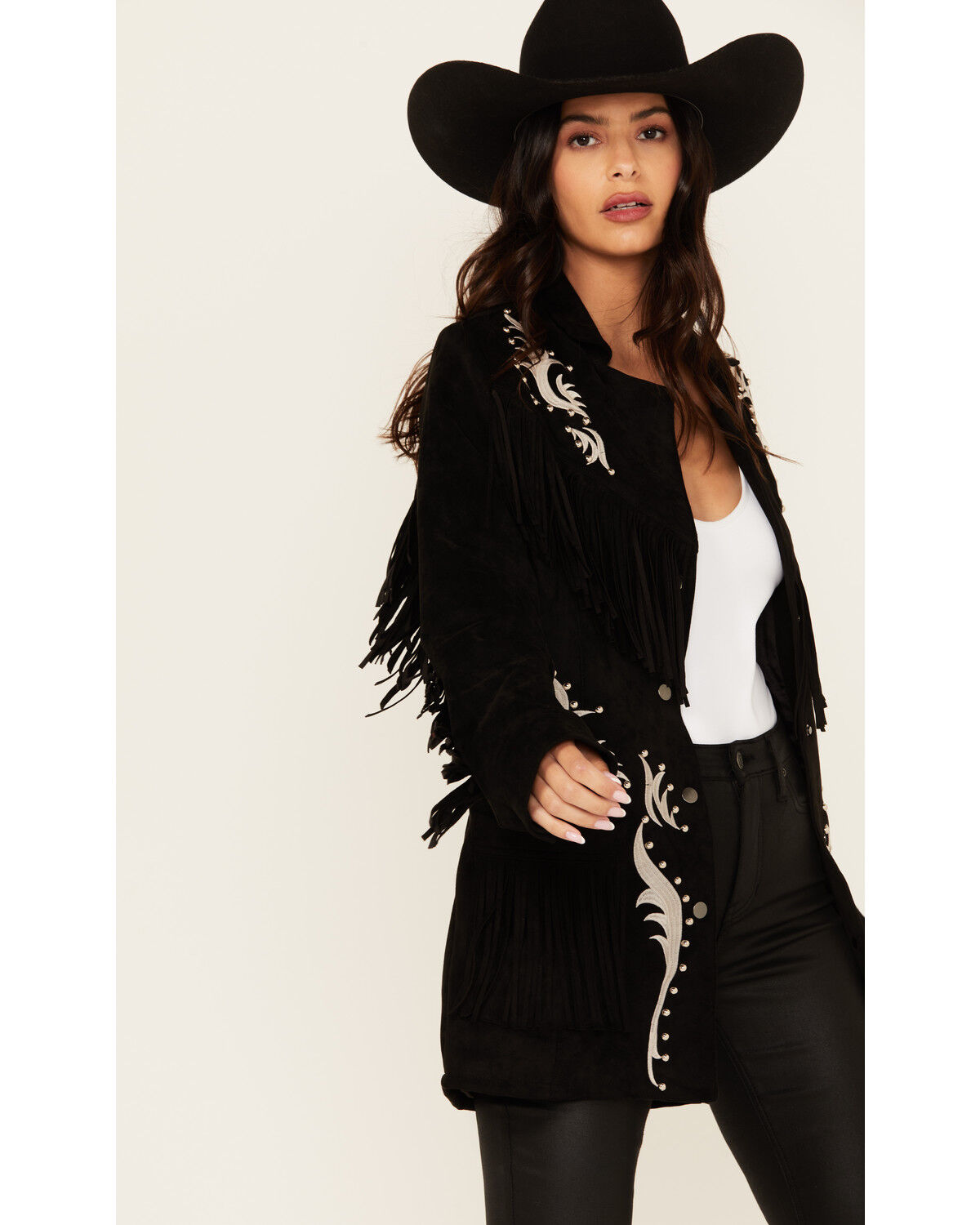 Image #2 - Rock & Roll Denim Women's Faux Suede Fringe Blazer, Black, hi-res