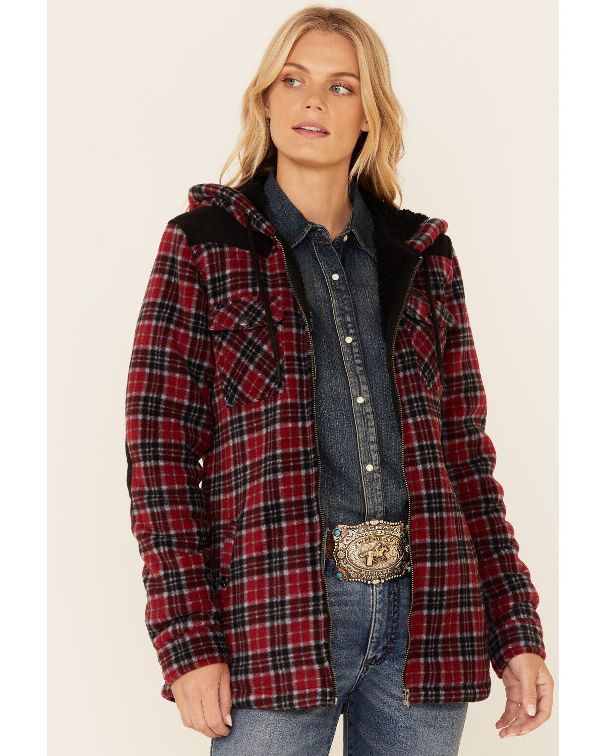 red plaid hooded jacket