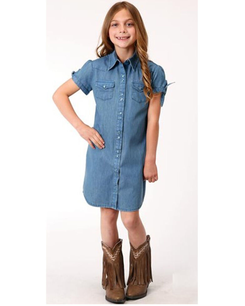 Roper Girls' Denim Western Shirt Dress, Blue, hi-res